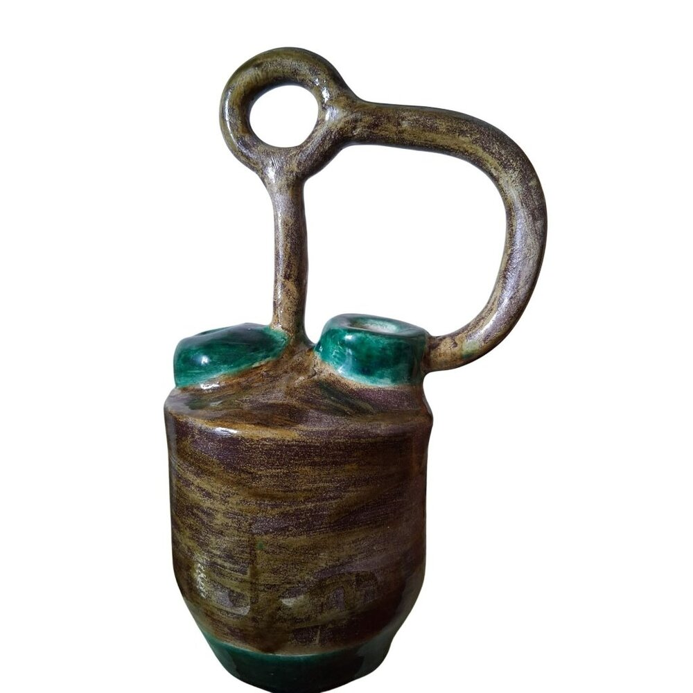 Vintage Handcrafted Ceramic Double-Spout Vase Unique Handle Design Earthy Green